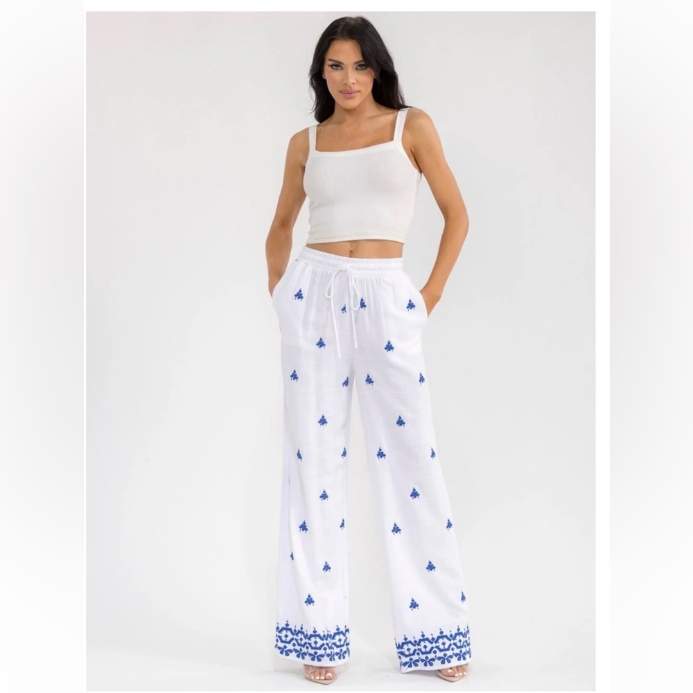 Bohemian Wide Leg Embroidered Linen Pants